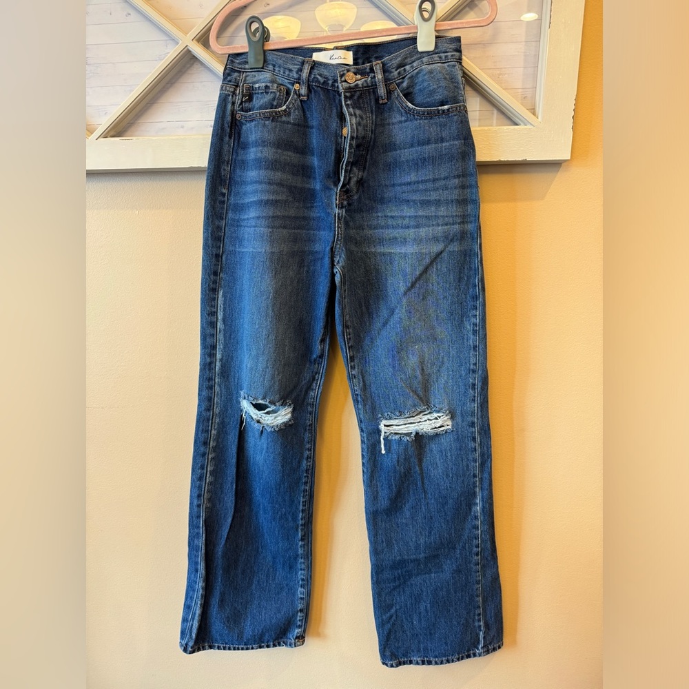 Kancan Jeans Womens 9/28 41643 Blue‎ Straight High Waist Button Fly Distressed